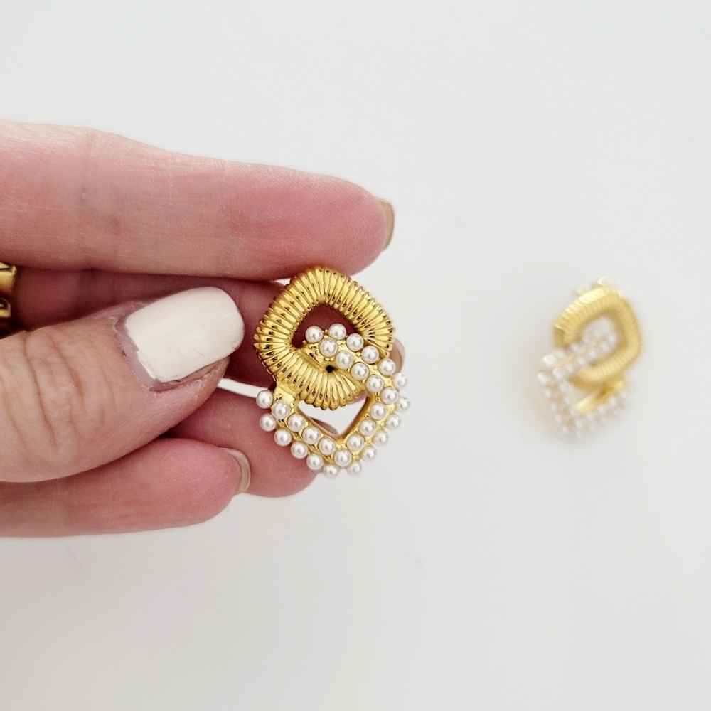 Stainless steel gold tone geometric pearl earrings new - Picture 6 of 6